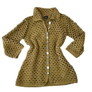 PURE Handknit Open Weave Cardigan Unique Gem Buttons 100% Cotton Sz S/M #283A